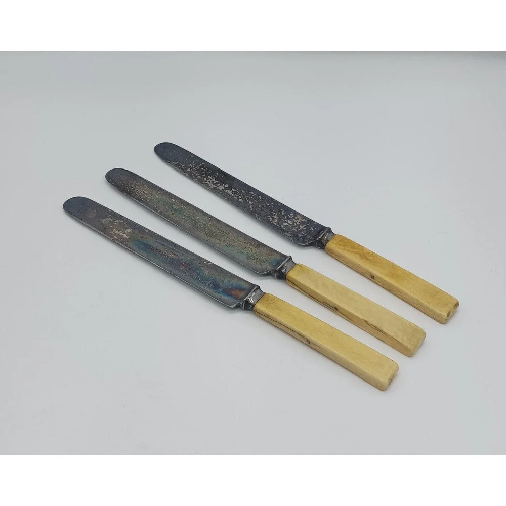 Antique Set 3 Lamson & Goodnow Dinner Knives Bone Handle Silverplate Victorian